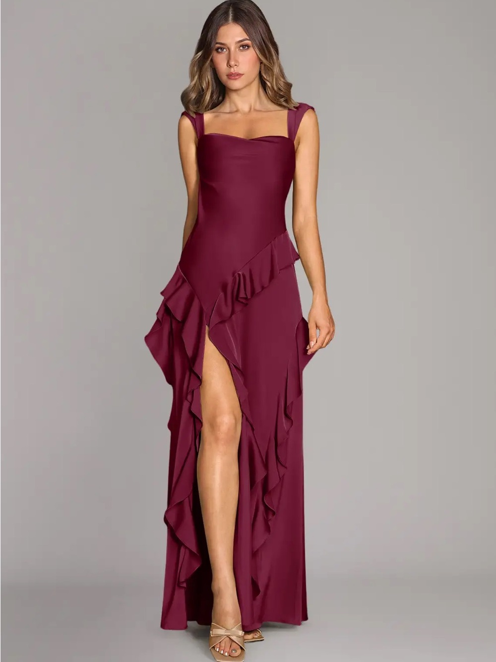 Azazie Burgundy Ruffle-Trim Maxi Dress